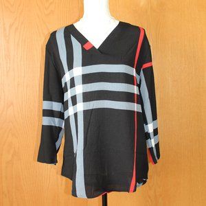 Women's Plaid Roll Tab Blouse Top - Black - Small